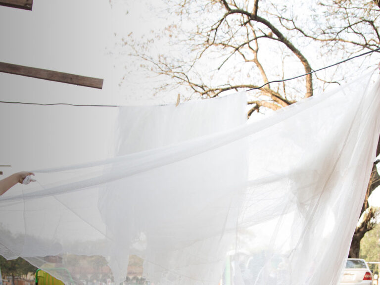 Mother-and daughter washing mosquito net in paraguay